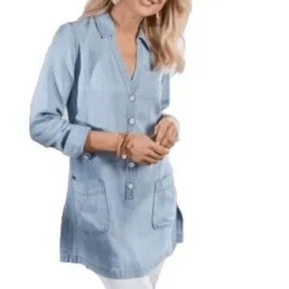 Soft Surroundings Alee Tencel Lyocell Chambray Tunic Top Pockets XLP Minimalist - Picture 1 of 12